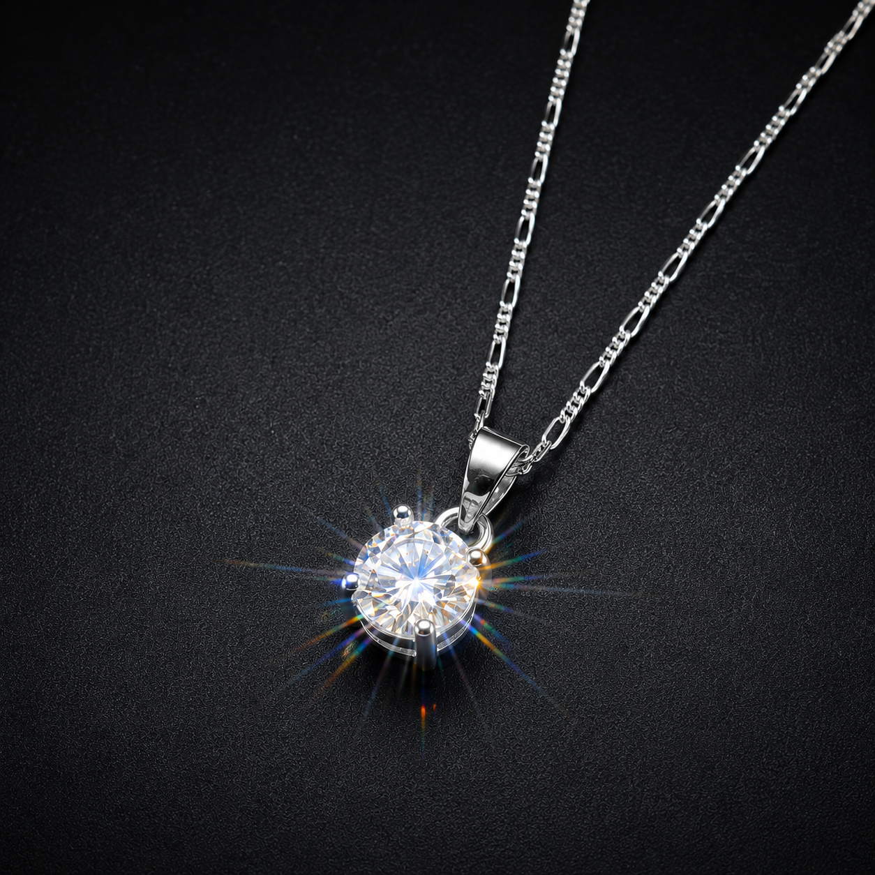 1 Carat Certified Moissanite Diamond Pendant with 1mm Figaro Chain – Italian 925 Sterling Silver