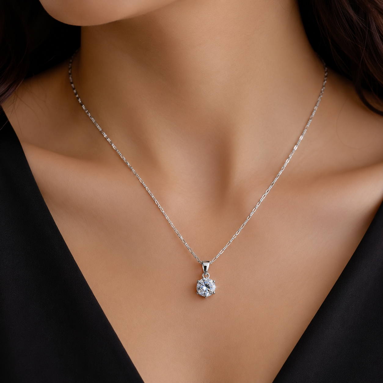 1 Carat Certified Moissanite Diamond Pendant with 1mm Figaro Chain – Italian 925 Sterling Silver