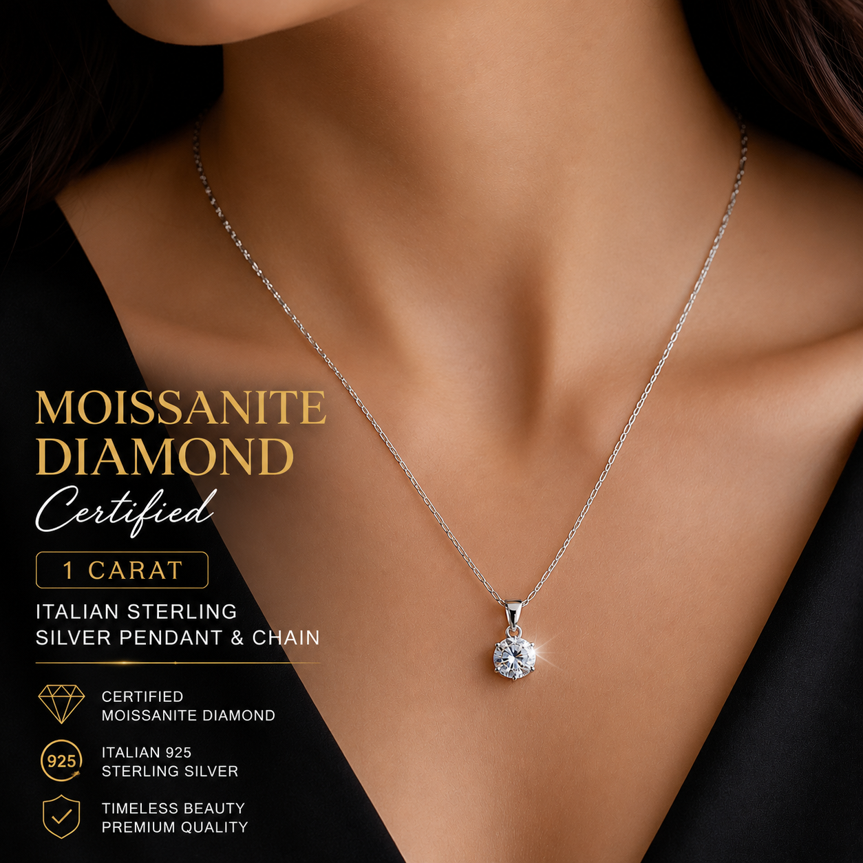 1 Carat Certified Moissanite Diamond Pendant with 1mm Figaro Chain – Italian 925 Sterling Silver