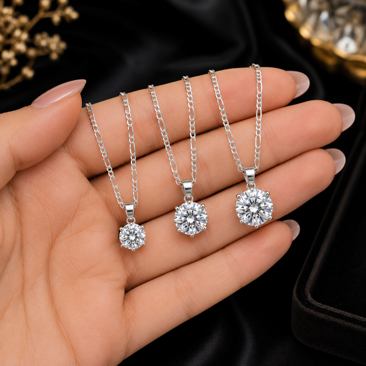 Round Shape Certified Moissanite Diamond Pendant with 1mm Italian Figaro Chain – 1 Carat, 1.5 Carat & 2 Carat | Italian 925 Sterling Silver