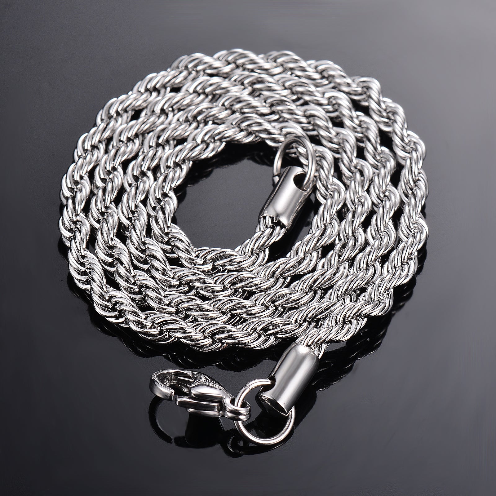 Close-up of 4mm Italian 925 sterling silver rope chain links showing diamond-cut finish and 925 hallmark stamp.