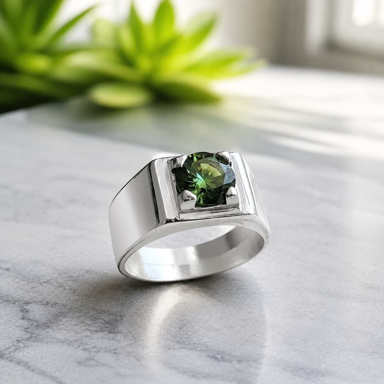 Close-up product image of a men's pure silver ring featuring a brilliant green moissanite stone.