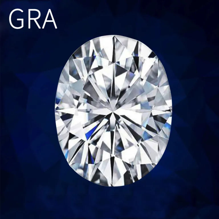Close up oval cut moissanite diamond showing fire brilliance and VVS clarity facets lab created loose gemstone
