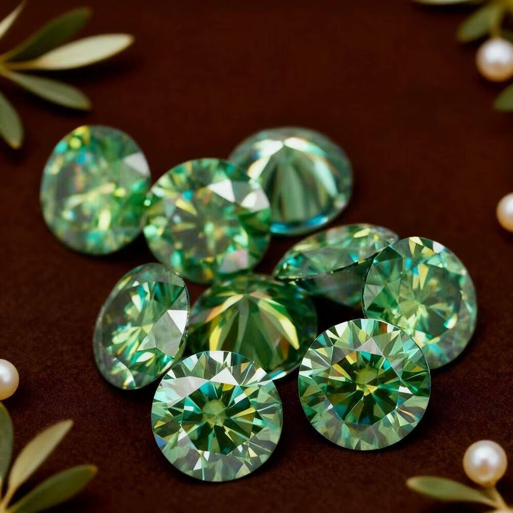 Close up round brilliant cut green moissanite diamond VVS clarity facets fire and sparkle lab created