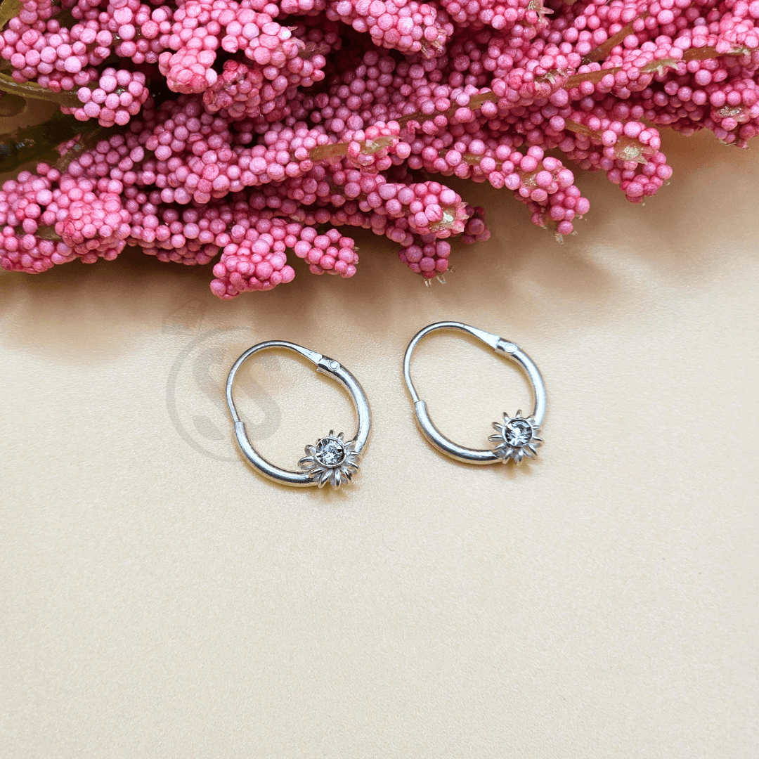 Close up white zircon stone pure silver 15mm hoop earrings Silverstones Pakistan