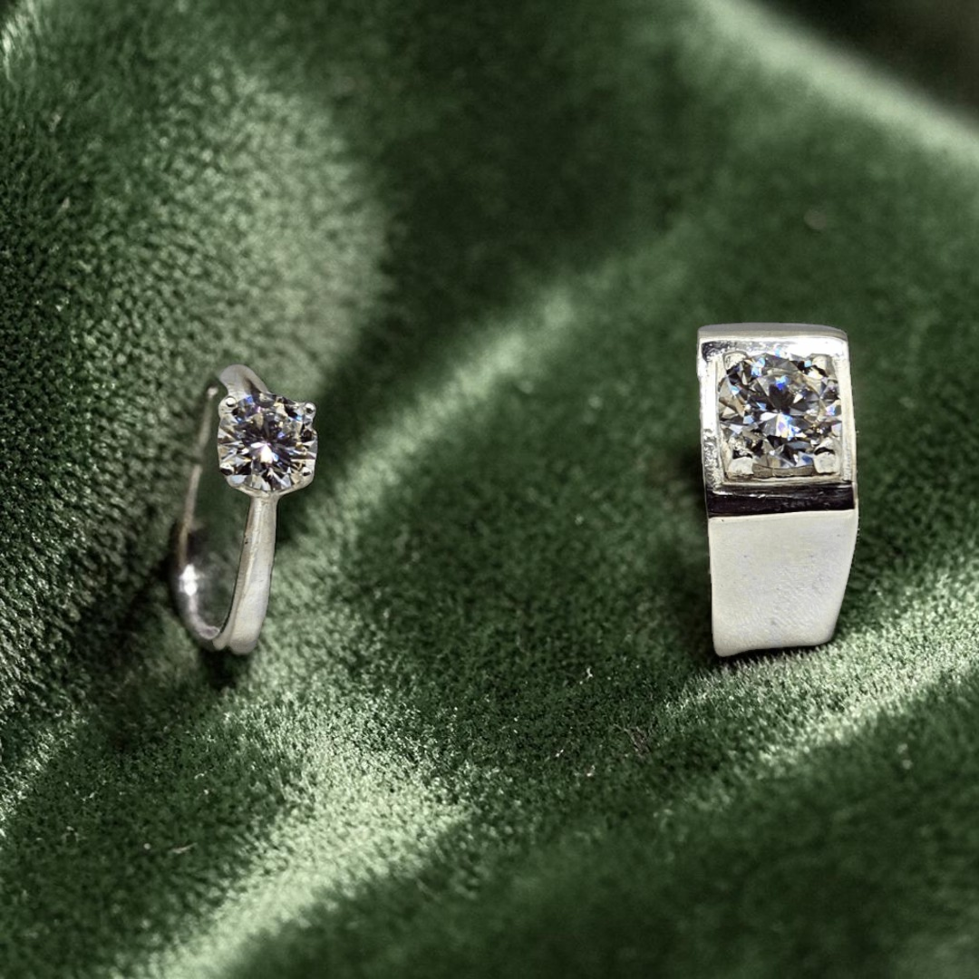 Couple wearing handmade pure silver moissanite diamond rings
engagement wedding GRA certified verify online Pakistan