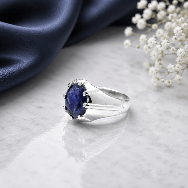 Elegant blue sapphire gents ring with silver finish