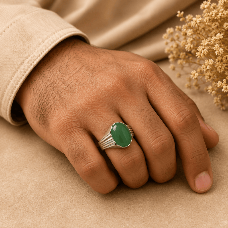 Elegant green gemstone pure silver ring for mens
