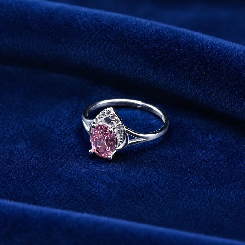 Elegant pink gemstone ladies ring in polished sterling silver