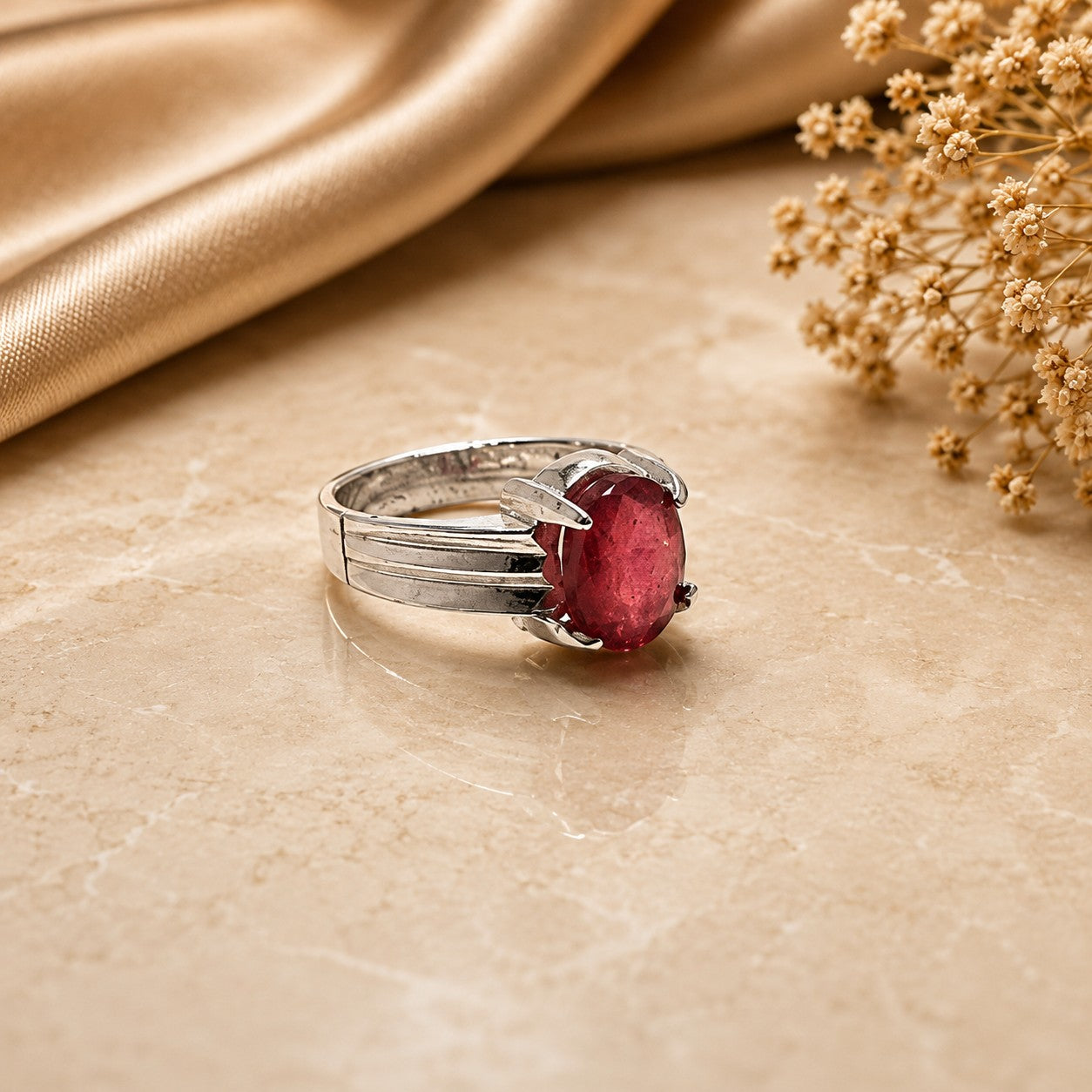 Elegant ruby stone gents silver ring