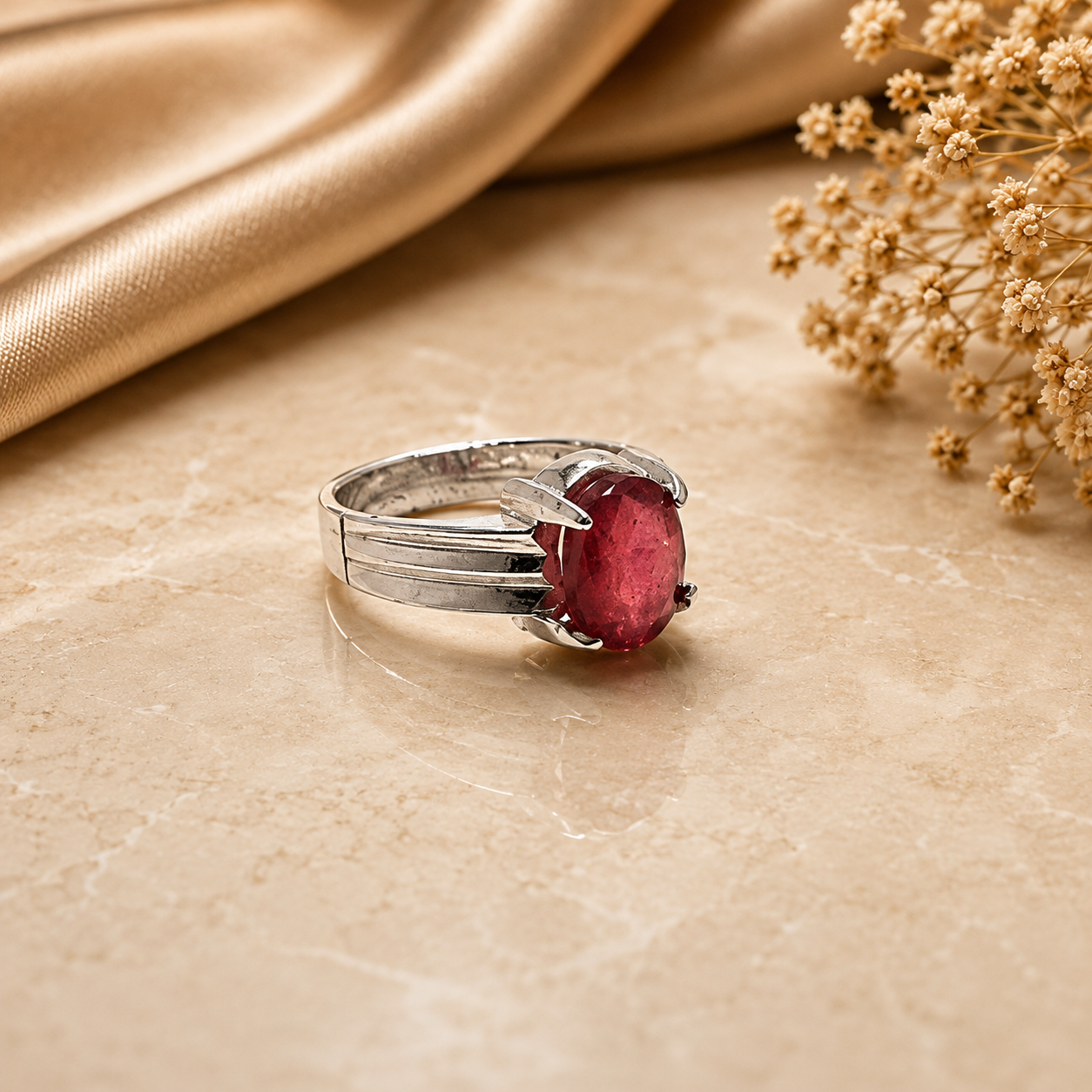 Elegant ruby stone gents silver ring