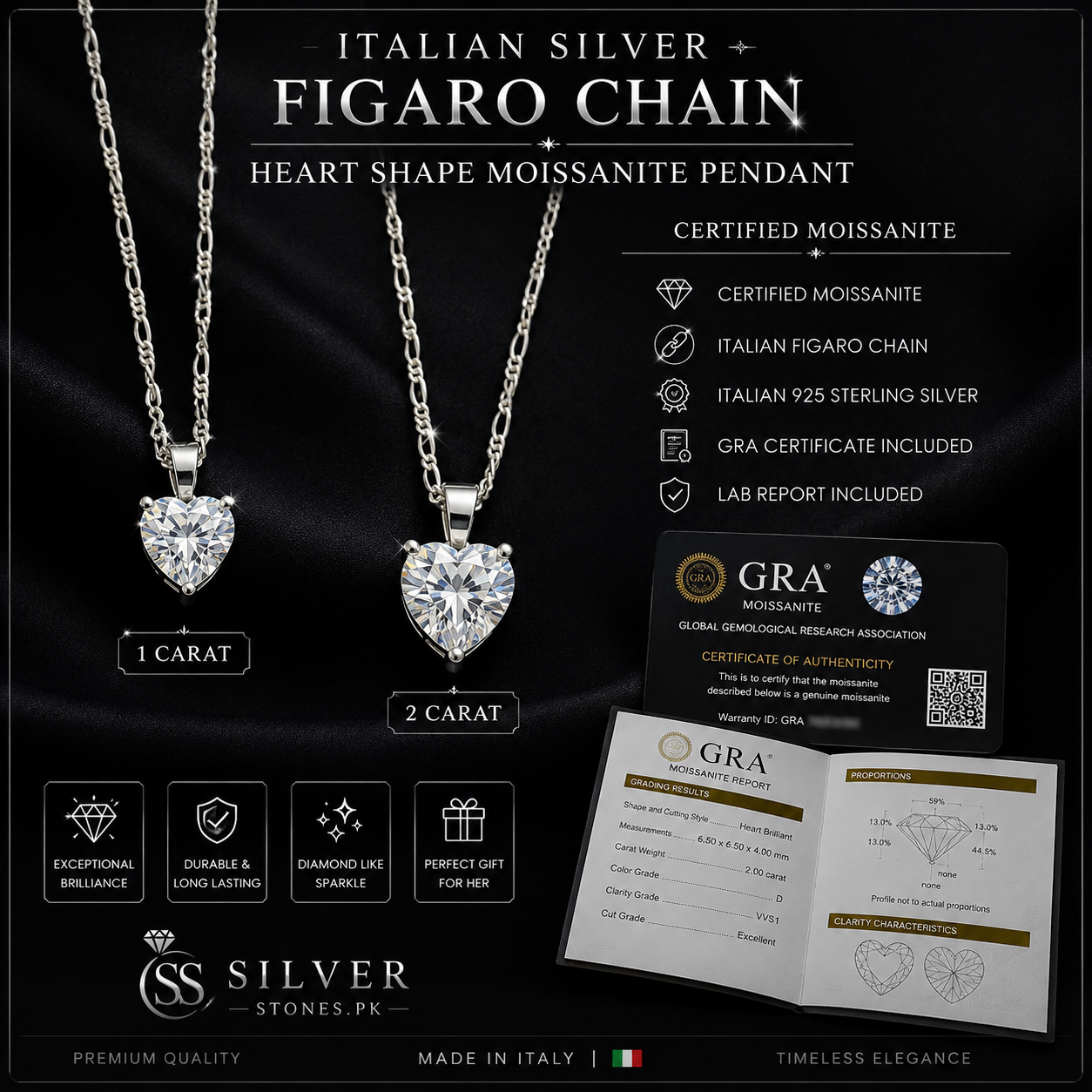 Heart Shape Certified Moissanite Diamond Pendant with Italian 925 Sterling Silver Figaro Chain available in 1 Carat and 2 Carat.