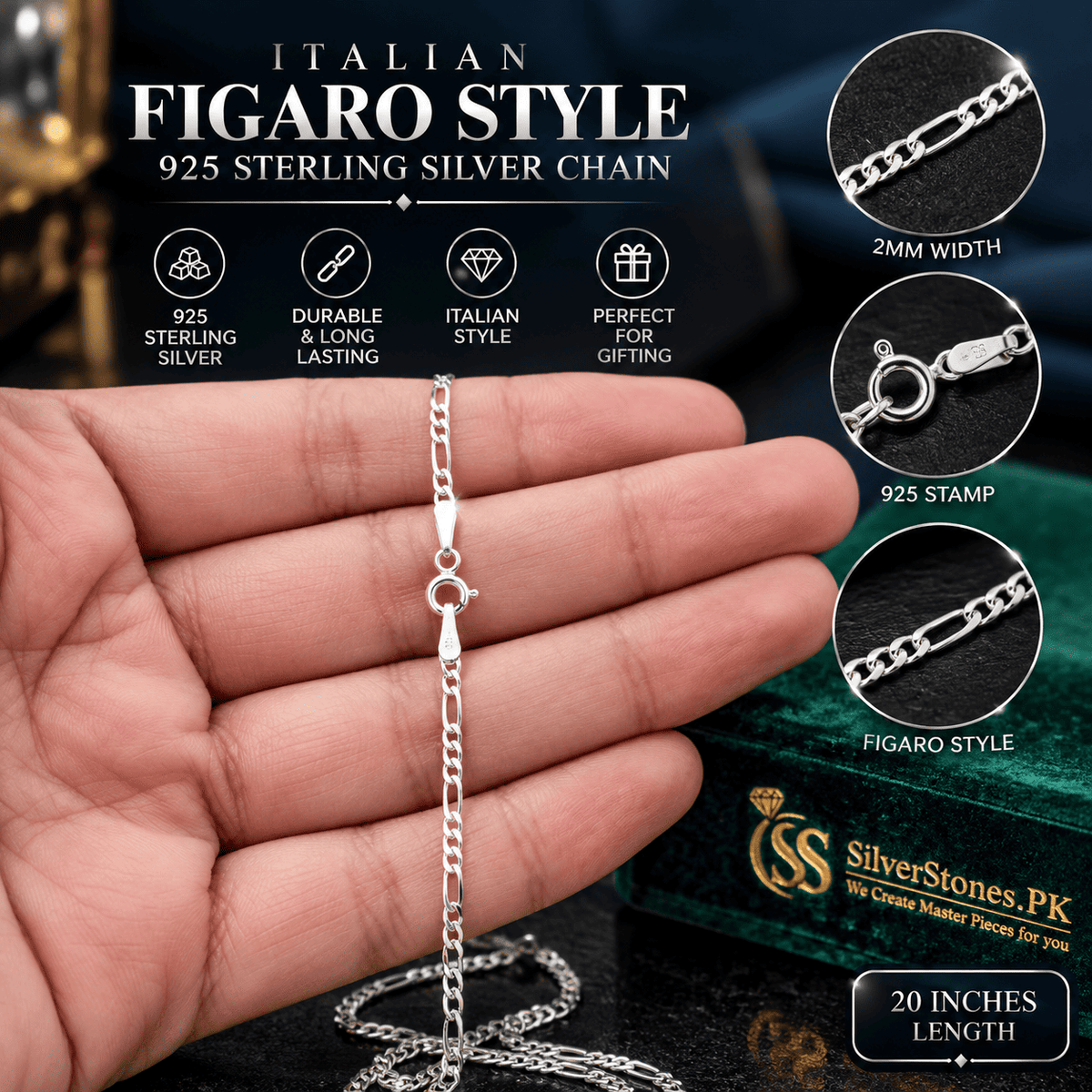 Italian Figaro Chain for Men – 2mm 925 Sterling Silver, 20 Inches