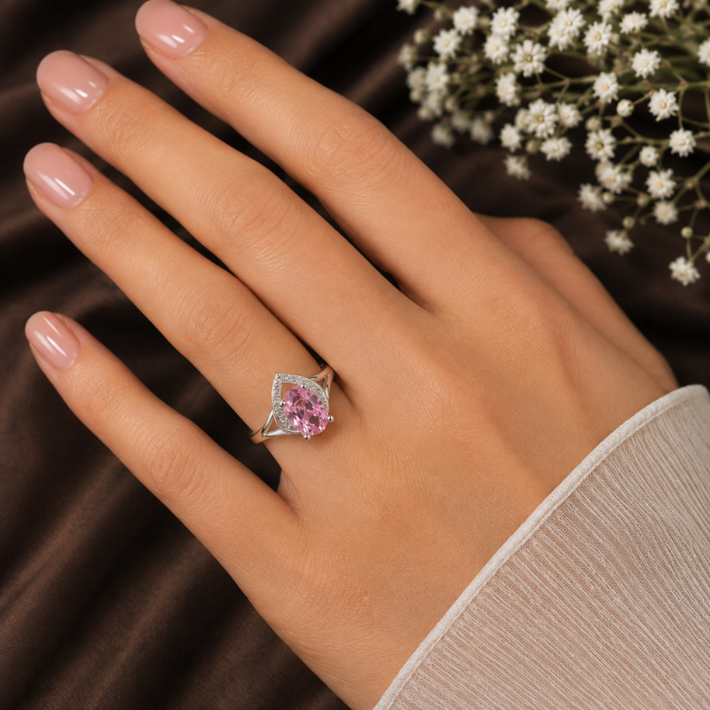 Italian 925 sterling silver ring featuring a sparkling pink oval stone