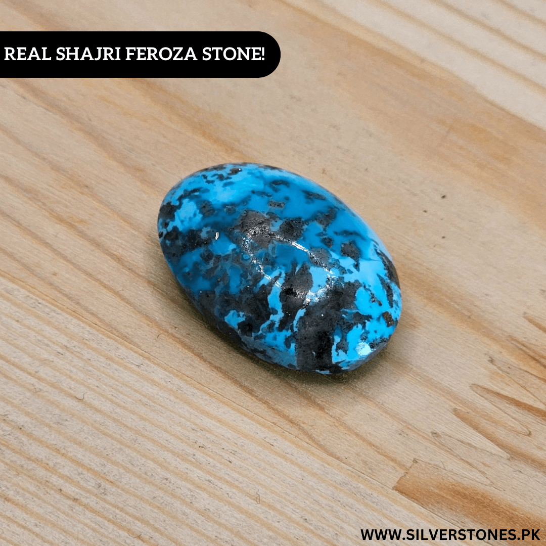 Real Shajri Irani Feroza stone in oval shape, featuring vibrant turquoise color and natural patterns.