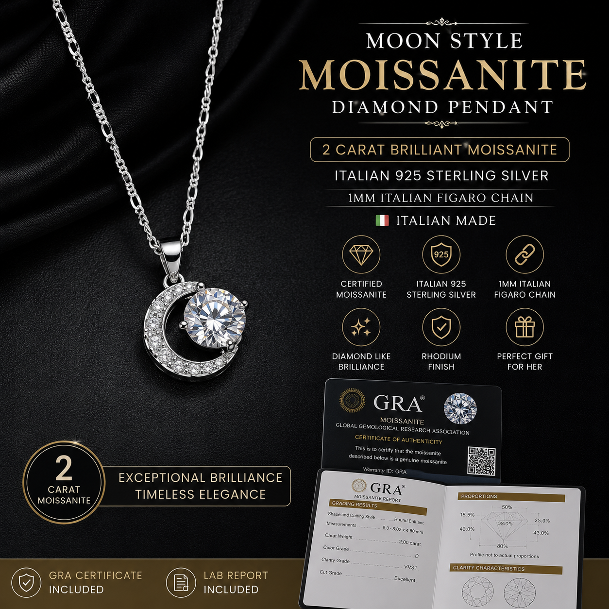 Luxury 2 Carat Moon Style Certified Moissanite Diamond Pendant crafted in Italian 925 Sterling Silver with a premium 1mm Italian Figaro Chain. Includes GRA Certificate and Moissanite Laboratory Report.