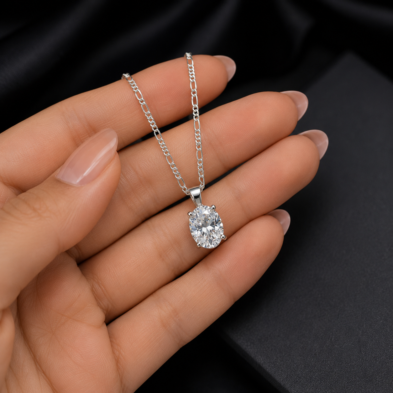 Luxury 2 Carat Oval Shape Certified Moissanite Diamond Pendant crafted in Italian 925 Sterling Silver with a premium 1mm Figaro Chain.