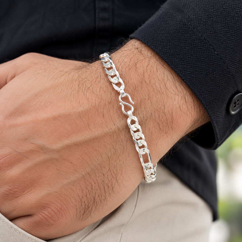 Men’s 5mm Figaro silver bracelet made in Pakistan with premium polished finish