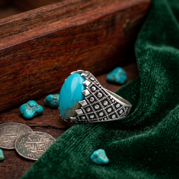 Men's Turkish Style Silver Ring with Real Shajri Feroza Stone
