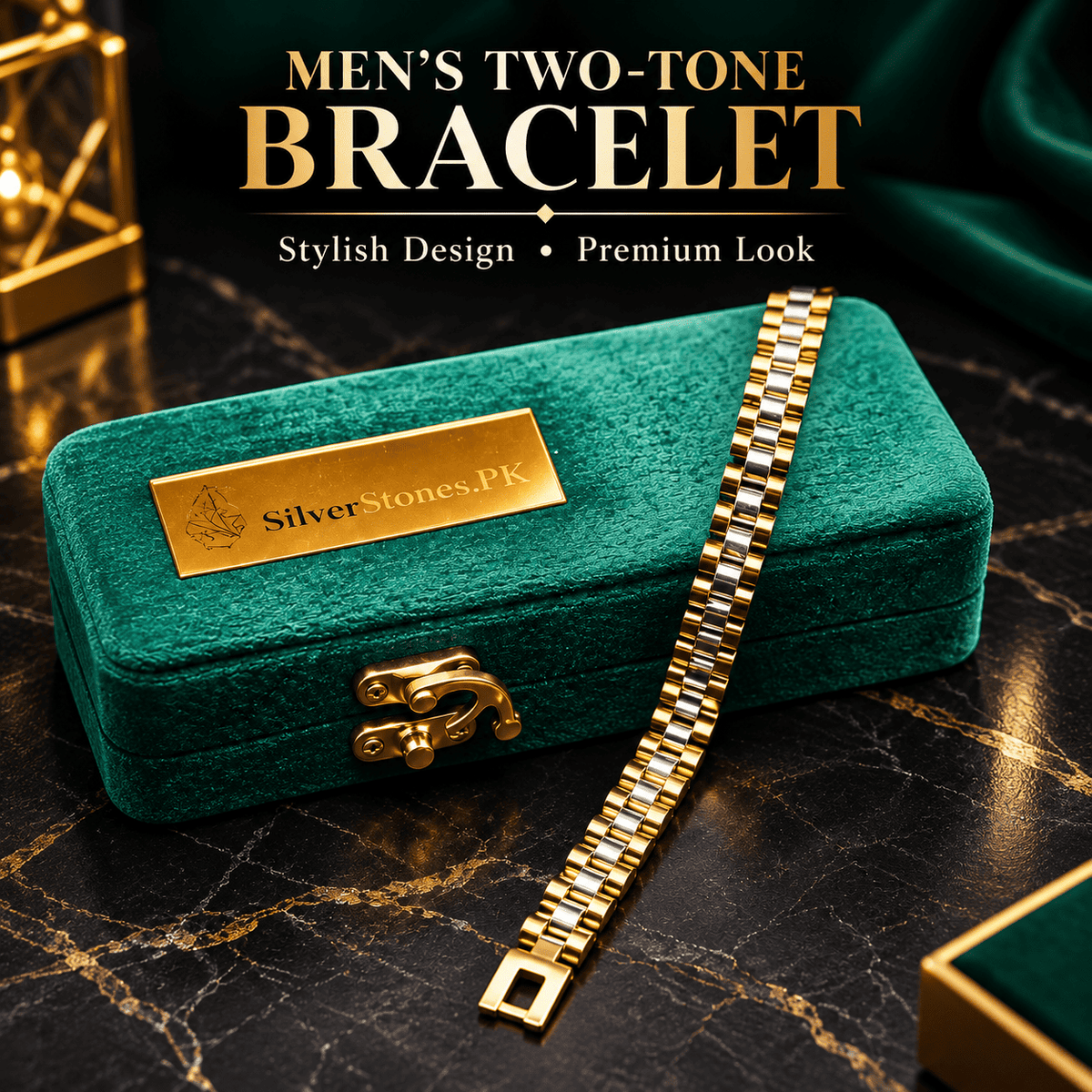 Men’s gold and silver linked bracelet worn on the wrist with a dark formal outfit.