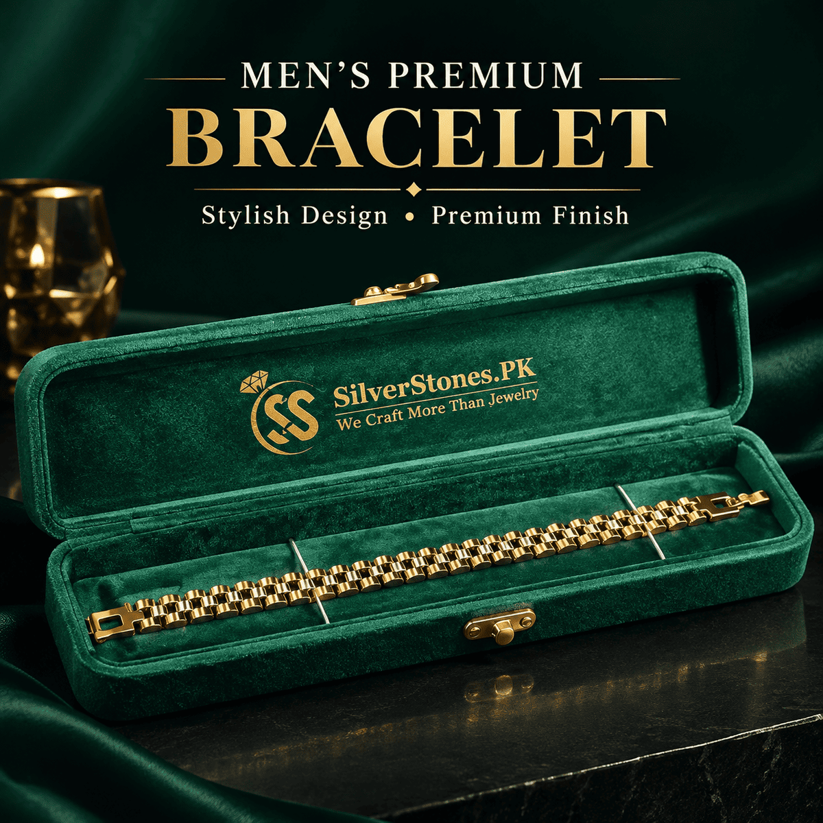 Men’s two-tone gold and silver stainless steel bracelet displayed in a green velvet jewelry box. 