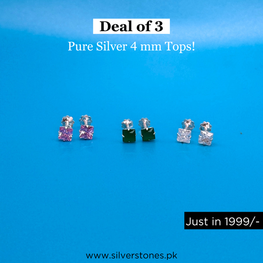 Pack of 3 Pairs 4mm Silver Tops