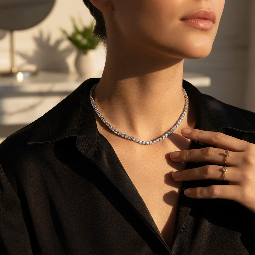 Moissanite Diamond Chain Women 925 Italian Silver Rhodium 3mm 16 Inches Pakistan Silverstones