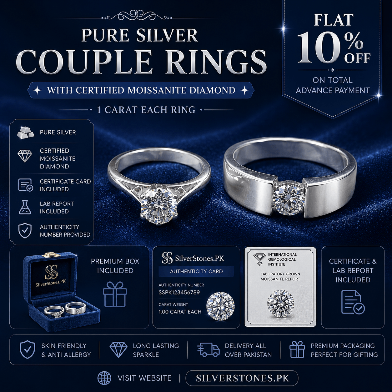 Silver Couple Rings with Moissanite Diamonds