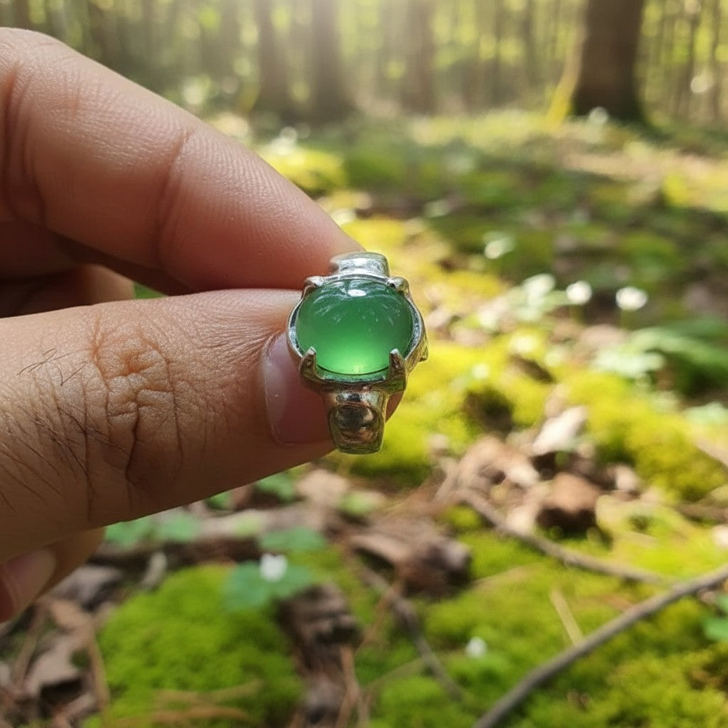 Natural green Yamni Aqeeq gemstone close-up in 925 silver bezel setting