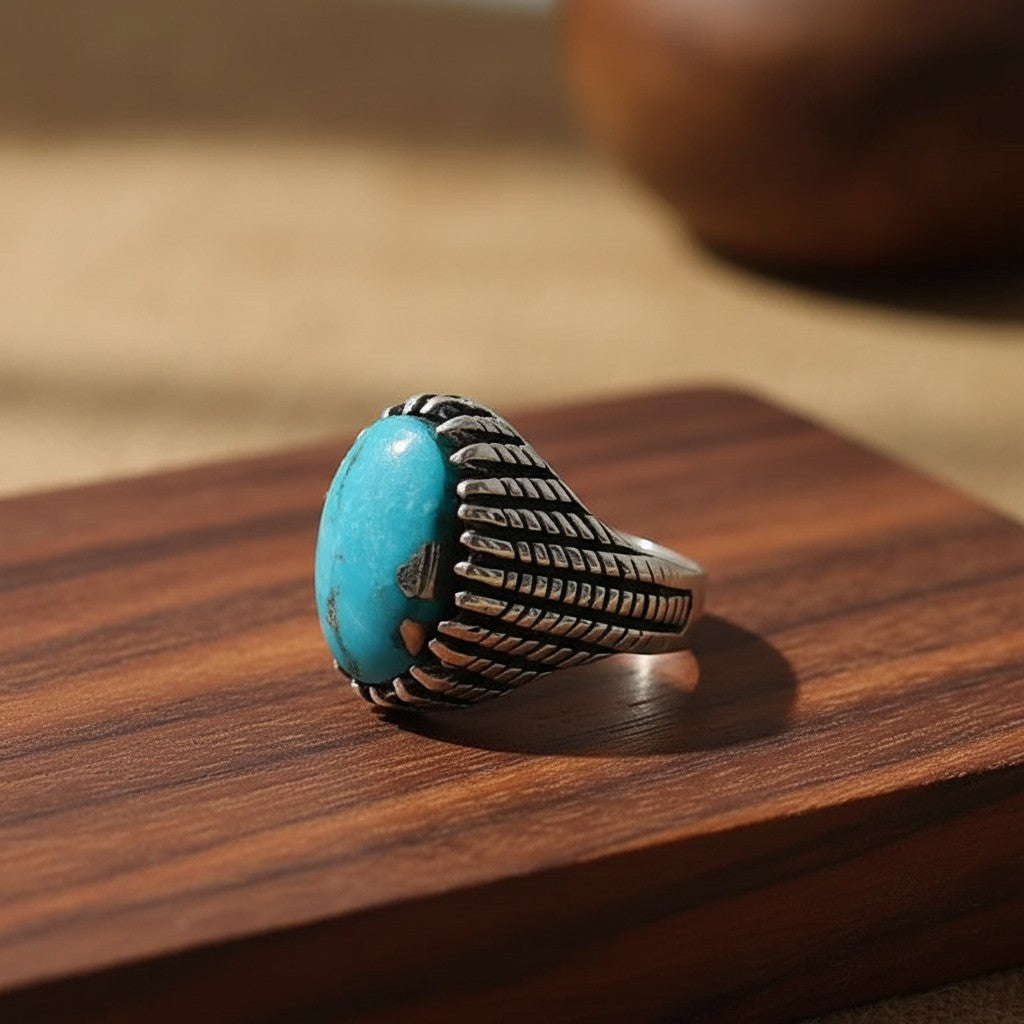 Oval Shajri Irani Feroza face up vivid blue green natural turquoise Turkish ring men Pakistan