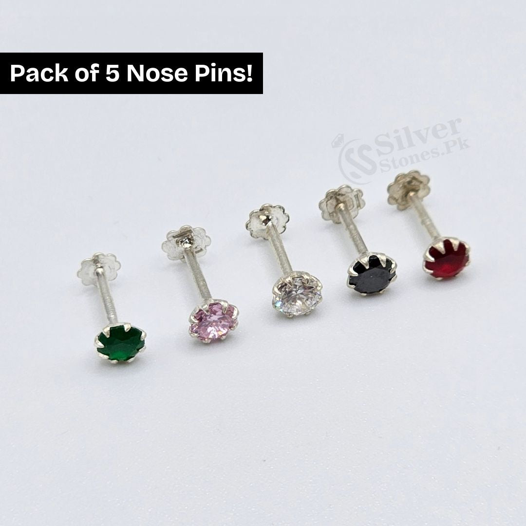 Pack of 5 Silver Nose Pins