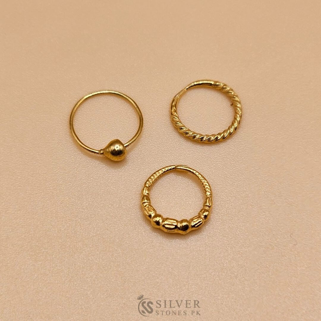 Pack of 3 Pure Silver Nose Rings – 24K Gold Plated