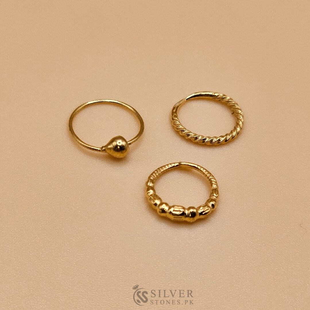 Pack of 3 Pure Silver Nose Rings – 24K Gold Plated