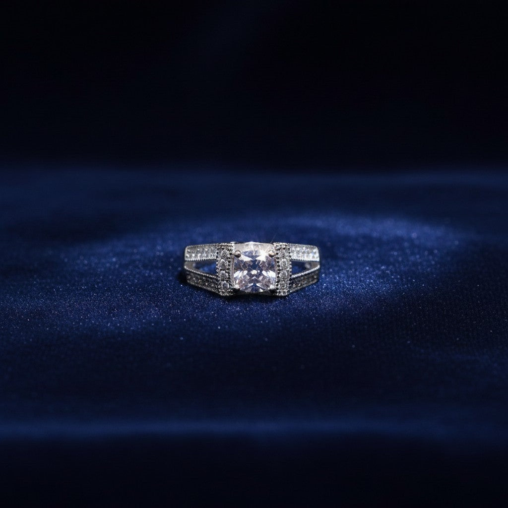 Pave white zircon side stones rhodium plated 925 Italian silver moissanite ring Silverstones Pakistan