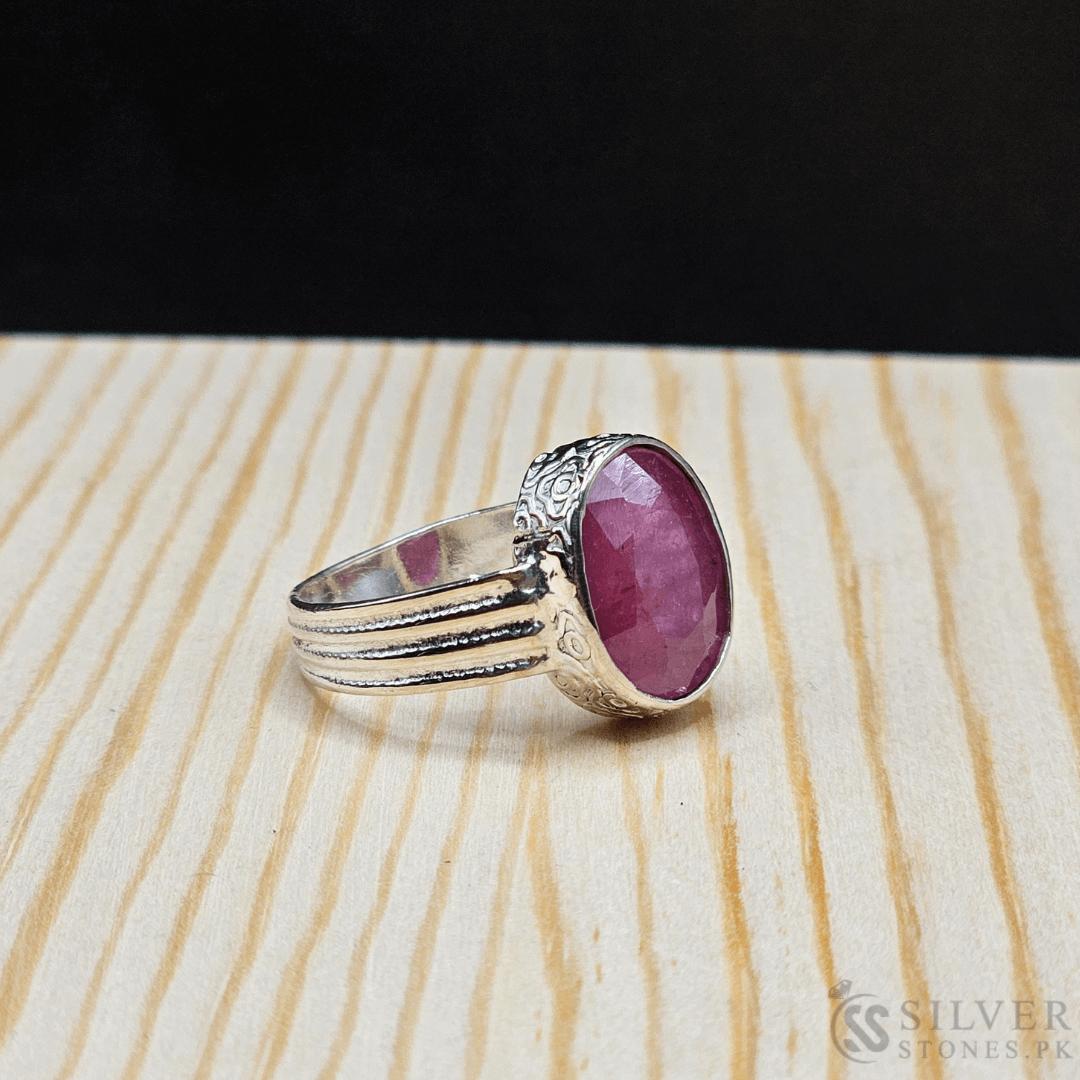 Handmade real ruby silver ring featuring a vibrant 7-carat African ruby set in elegant silver (chandi) band.