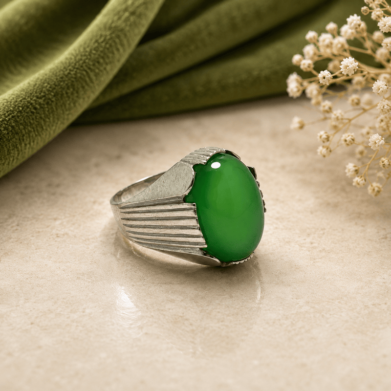 Premium handcrafted green Aqeeq silver ring