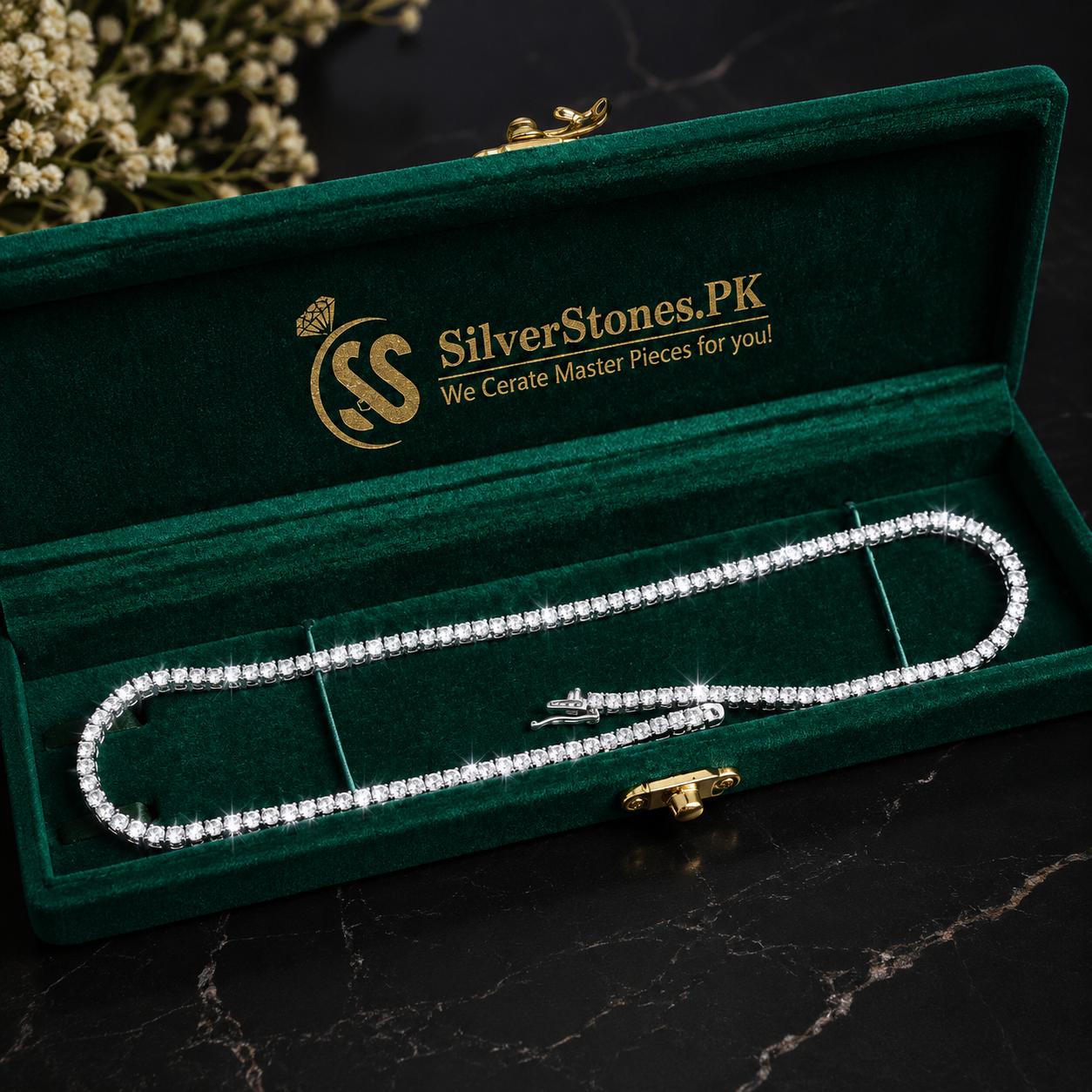 Premium moissanite tennis chain with elegant black theme.