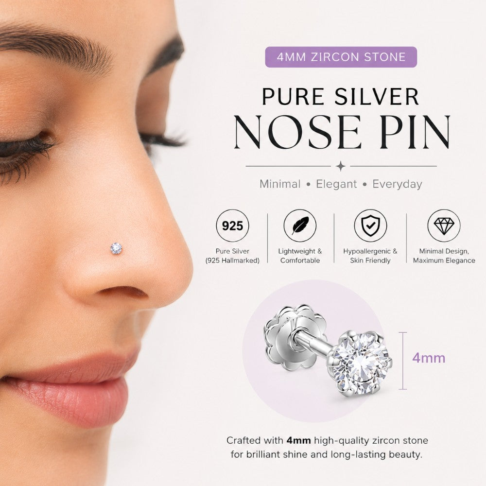Pure Silver 4mm Zircon Nose Pin for Girls – Skin Friendly Minimal Nose Stud
