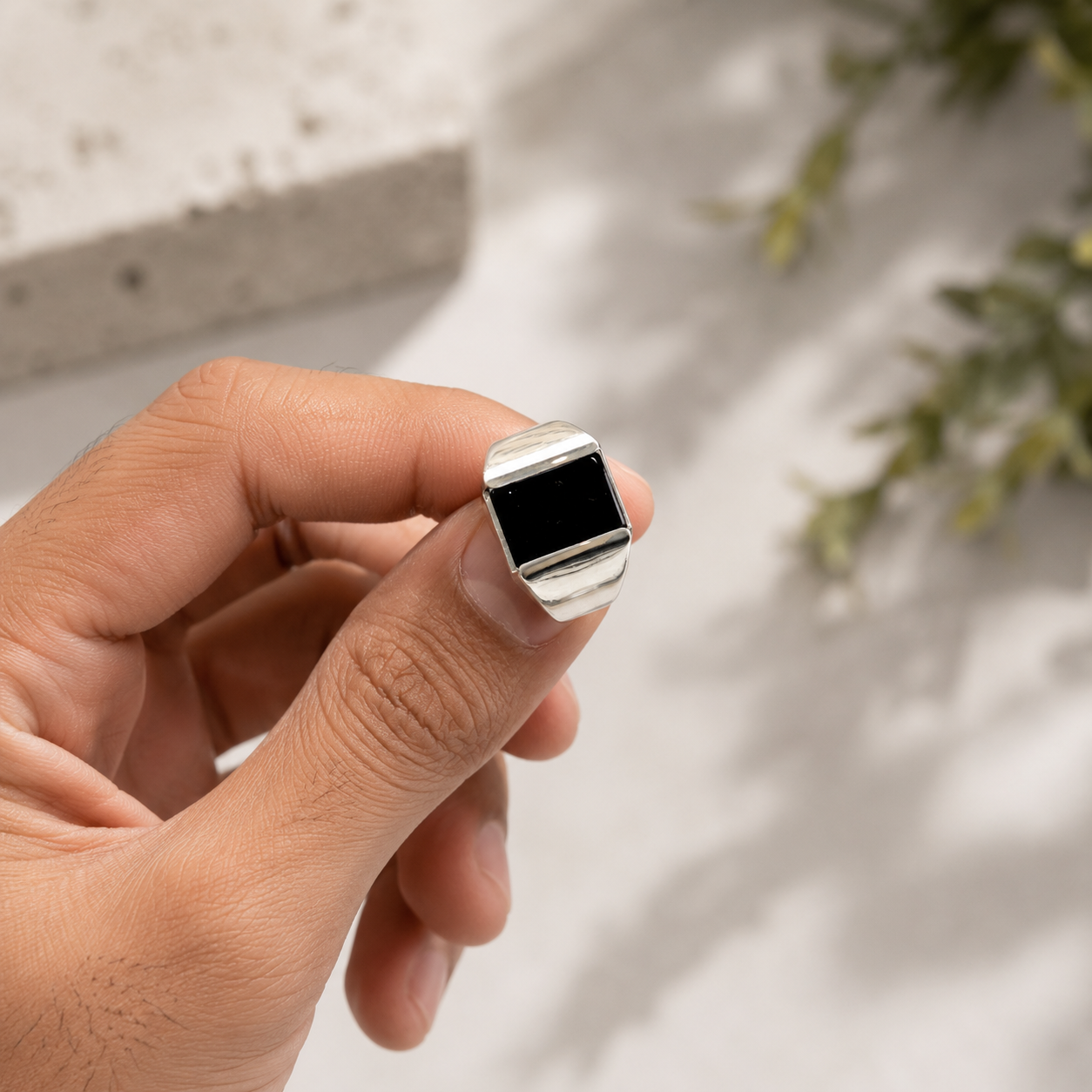 Pure handmade silver ring with natural black Aqeeq stone for men.