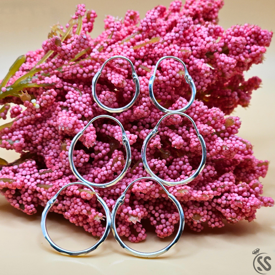 Pure silver diamond cut shine hoop earrings 15mm 20mm 25mm women girls Silverstones.pk Pakistan