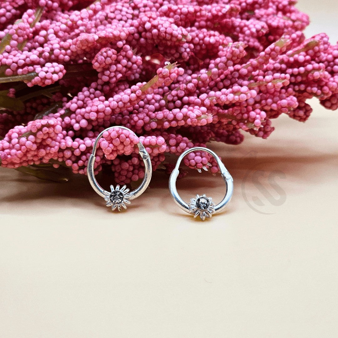 Pure silver zircon hoop earrings 15mm pair flat lay chandi jewelry Silverstones Pakistan