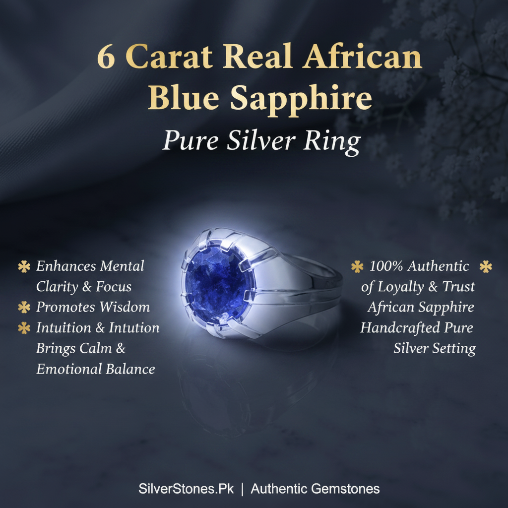 Real African Blue Sapphire (Neelam) 6 Carat Pure Silver Ring for Gents