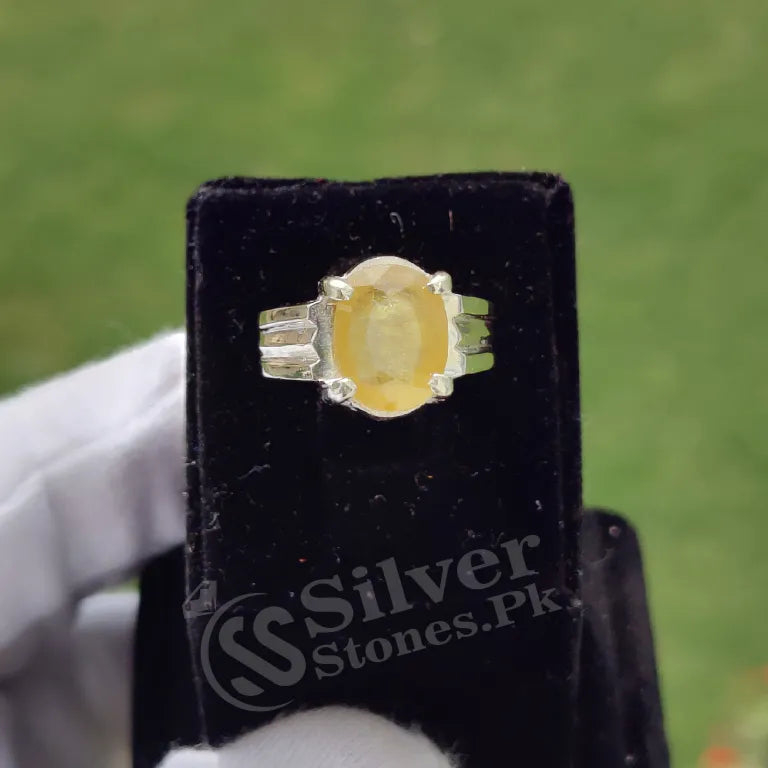 Real African yellow sapphire Pukhraj 7 carat silver ring for men — elegant simple design
