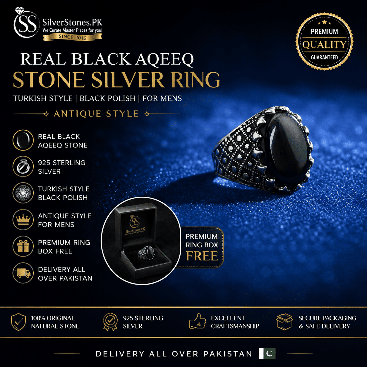 Real Aqeeq Silver Ring Turkish Style for Men with Black Stone