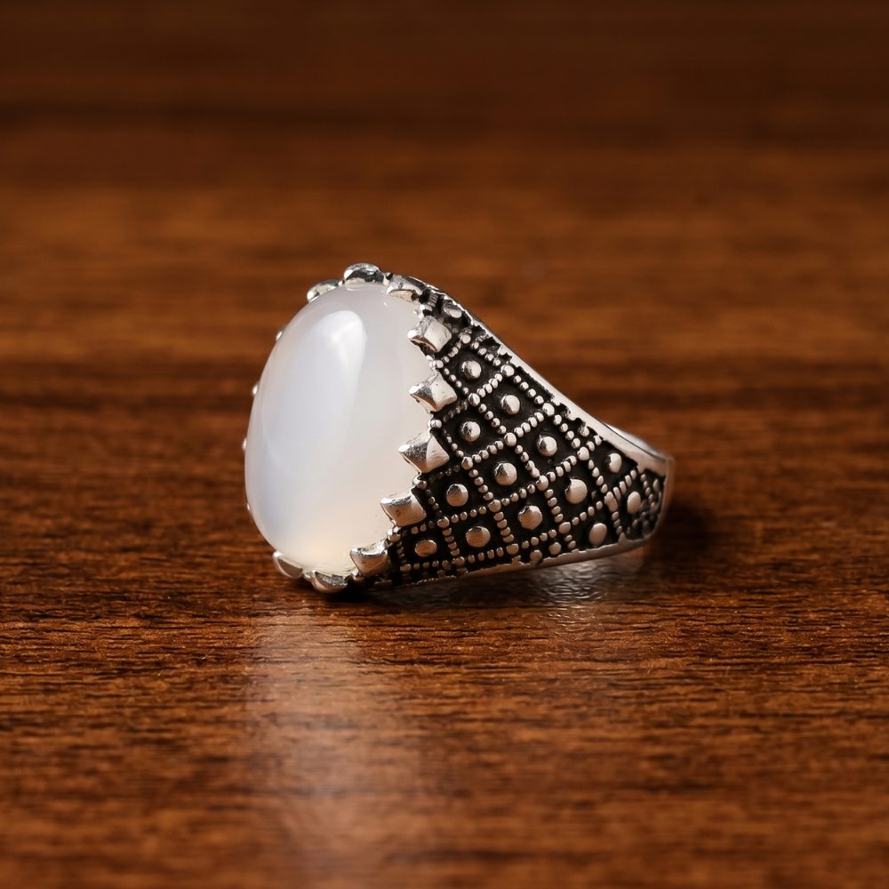 Real Dur-e-Najaf cabochon stone close up translucent white sacred stone silver ring Pakistan