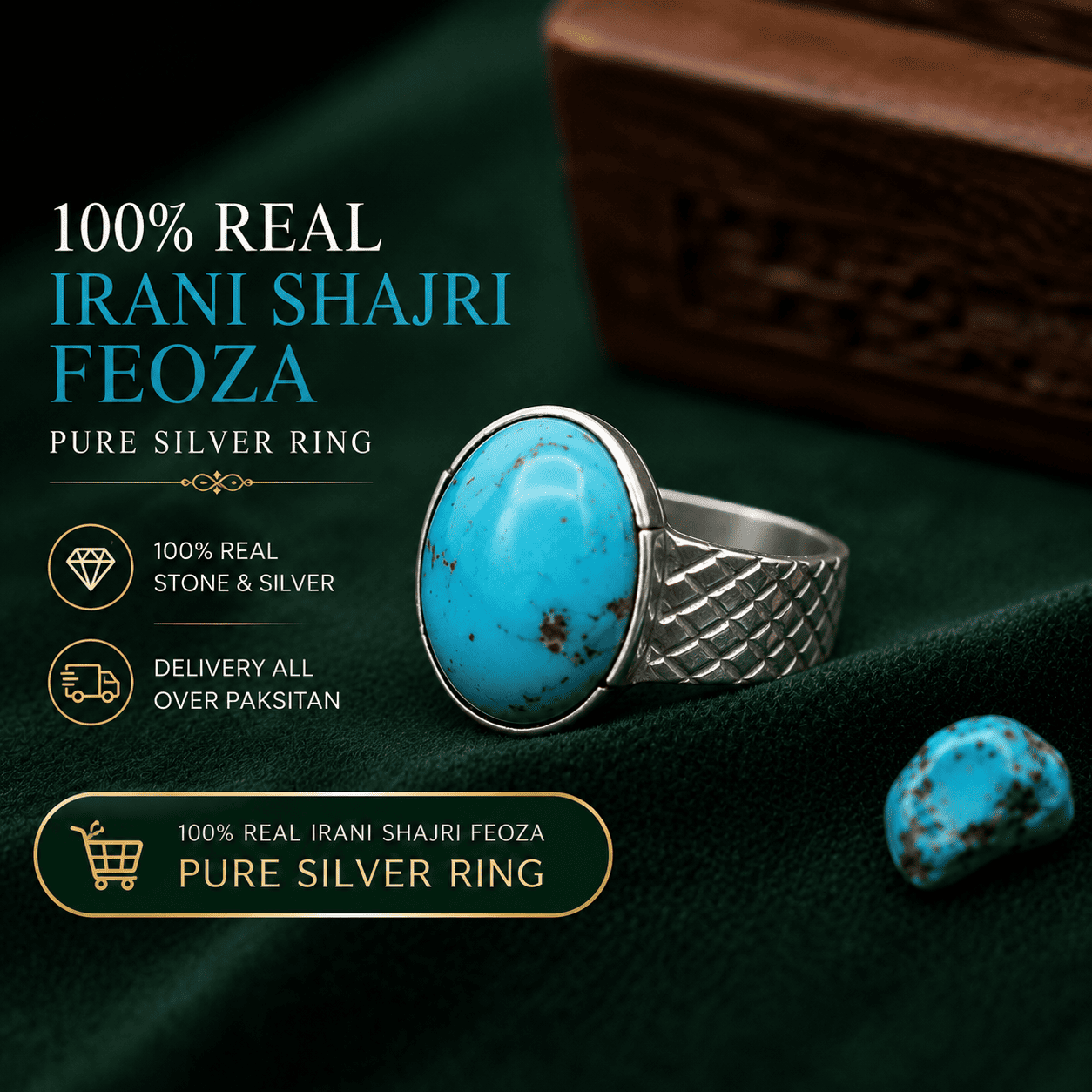 Real Irani Shajri Feroza Stone Pure Silver Ring for Men