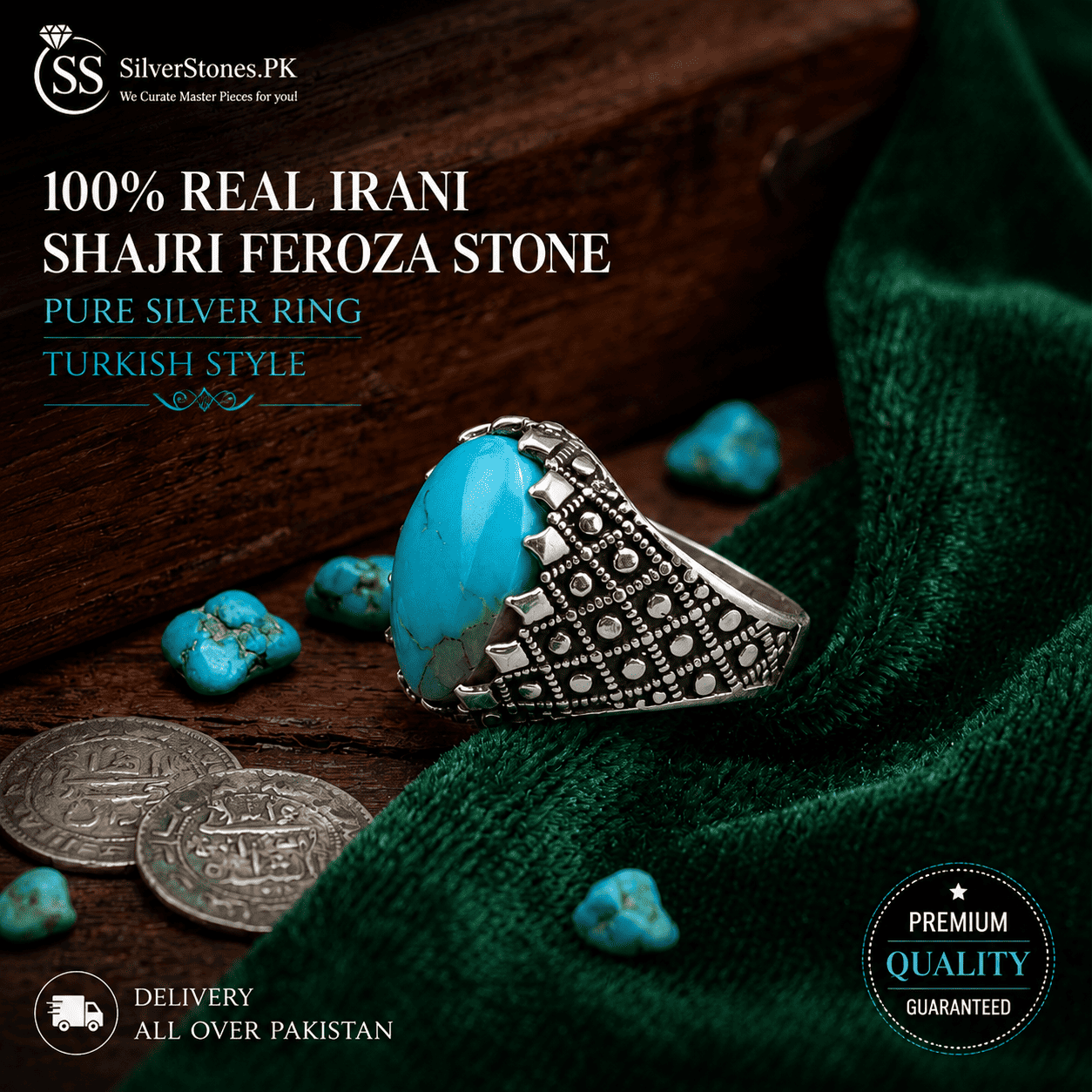Real Irani Shajri Feroza Stone Silver Ring for Men Turkish Style