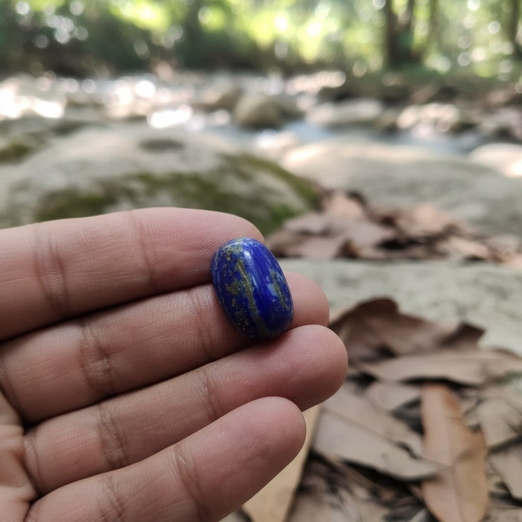 SilverStones.Pk oval Lapis Lazuli gemstone cabochon with golden pyrite inclusions and polished surface.