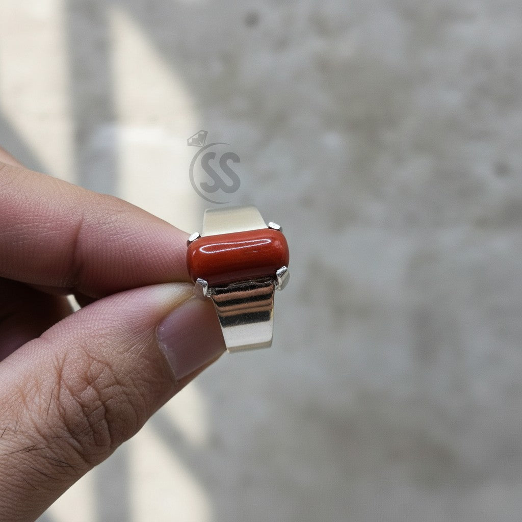 Real Red Coral (Marjan) Silver Ring in pakistan