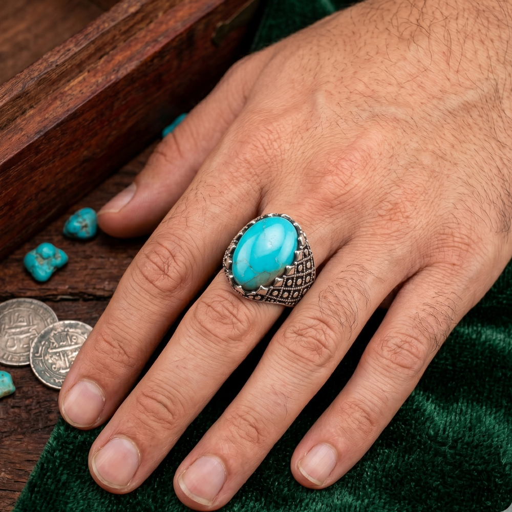 Real Shajri Irani Feroza ring men black polish Turkish Ottoman pure silver Silverstones.pk Pakistan
